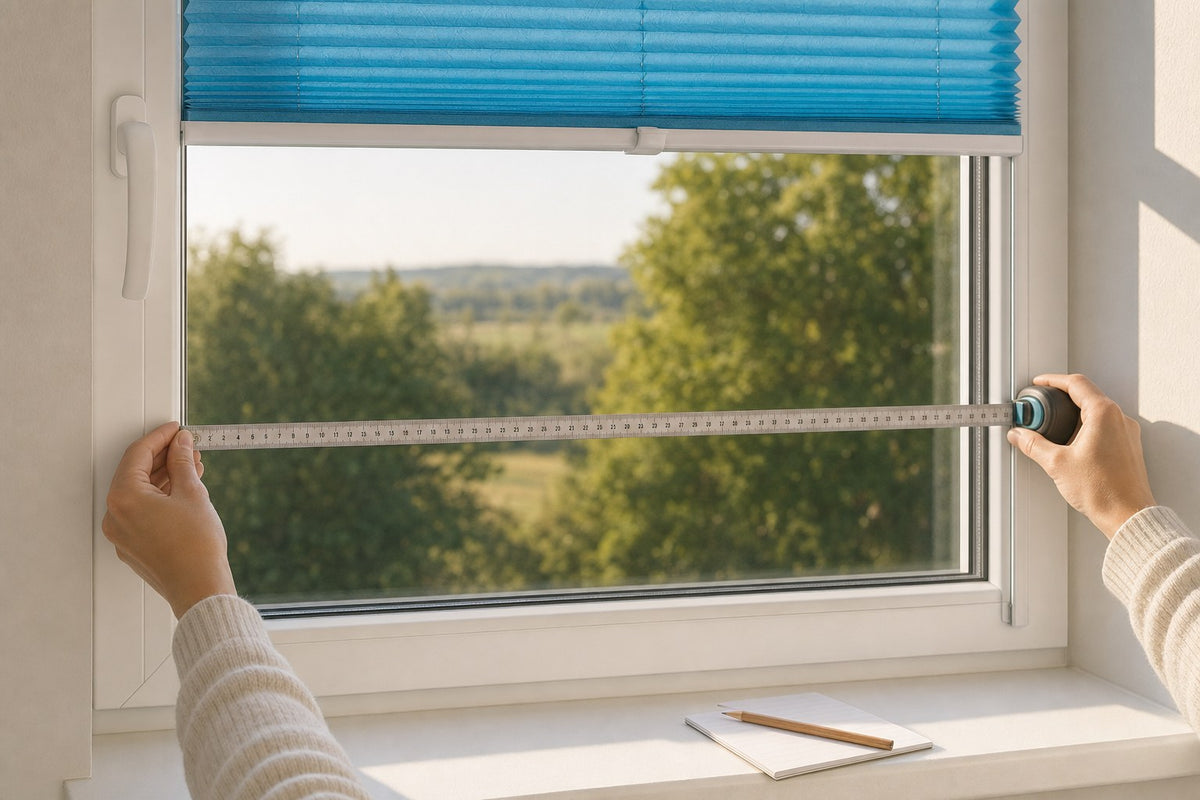 Maßband quer über der Glasscheibe eines Fensterflügels, darüber ein hochgeschobenes Plissee