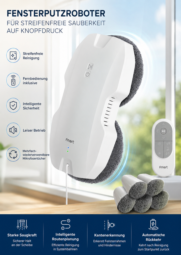 Fensterputzroboter T8Pro mit Fernbedienung und Ersatz-Mikrofasertüchern am Fenster
