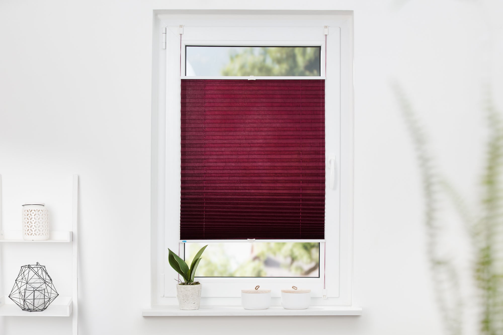 Bordeauxrotes Klemmfix-Plissee PISA am Wohnzimmerfenster in warmem Tageslicht